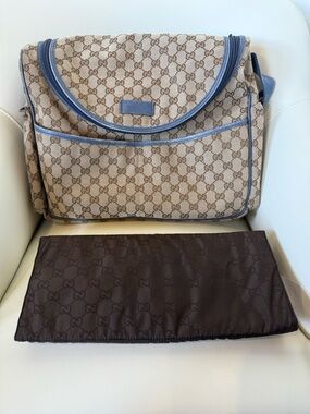 Gucci Beige GG Canvas Baby Bag/ Diaper Bag with Blue Trim